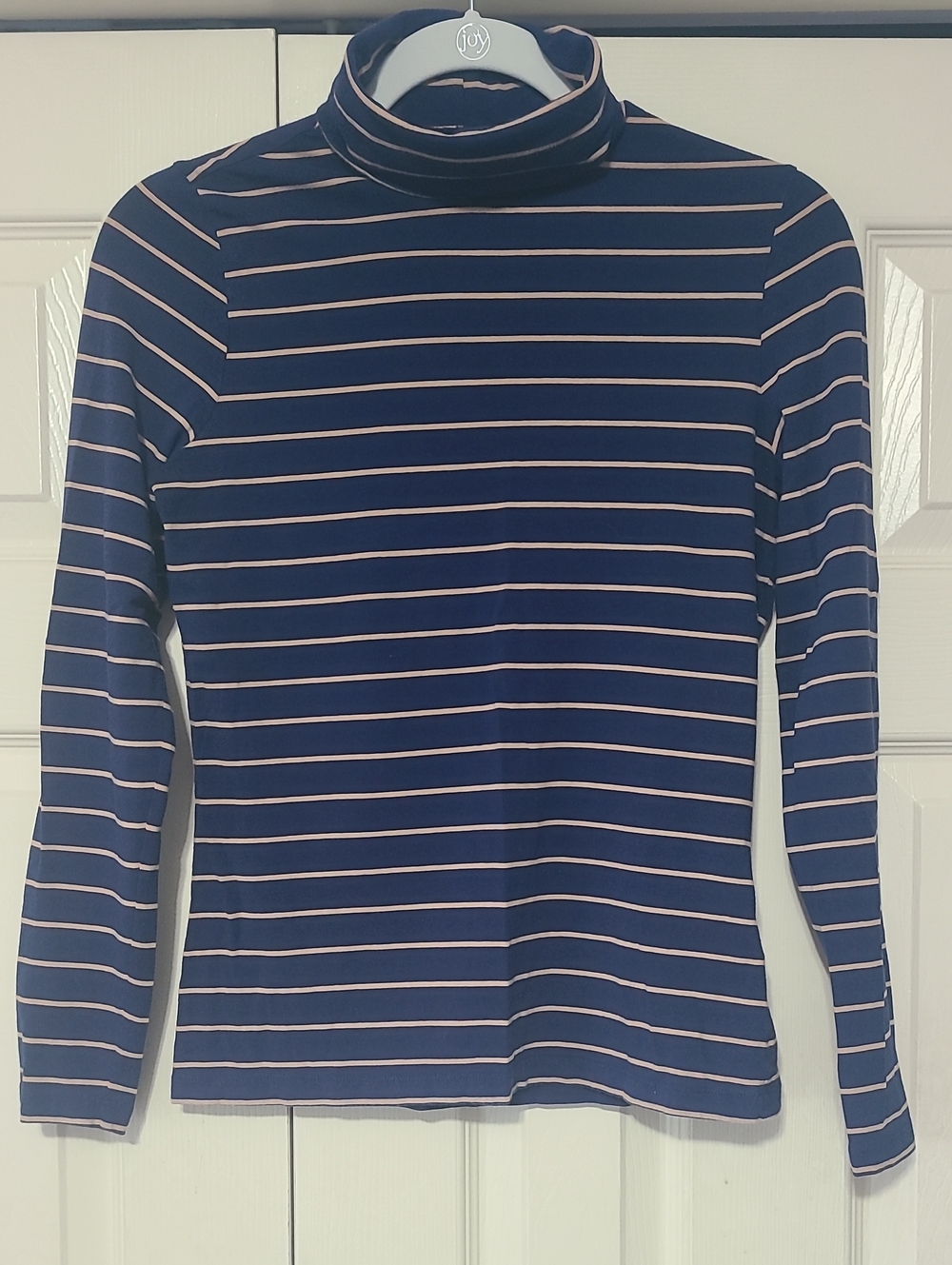LE Striped Turtleneck Long-Sleeve Top - Navy with Light Camel Stripes